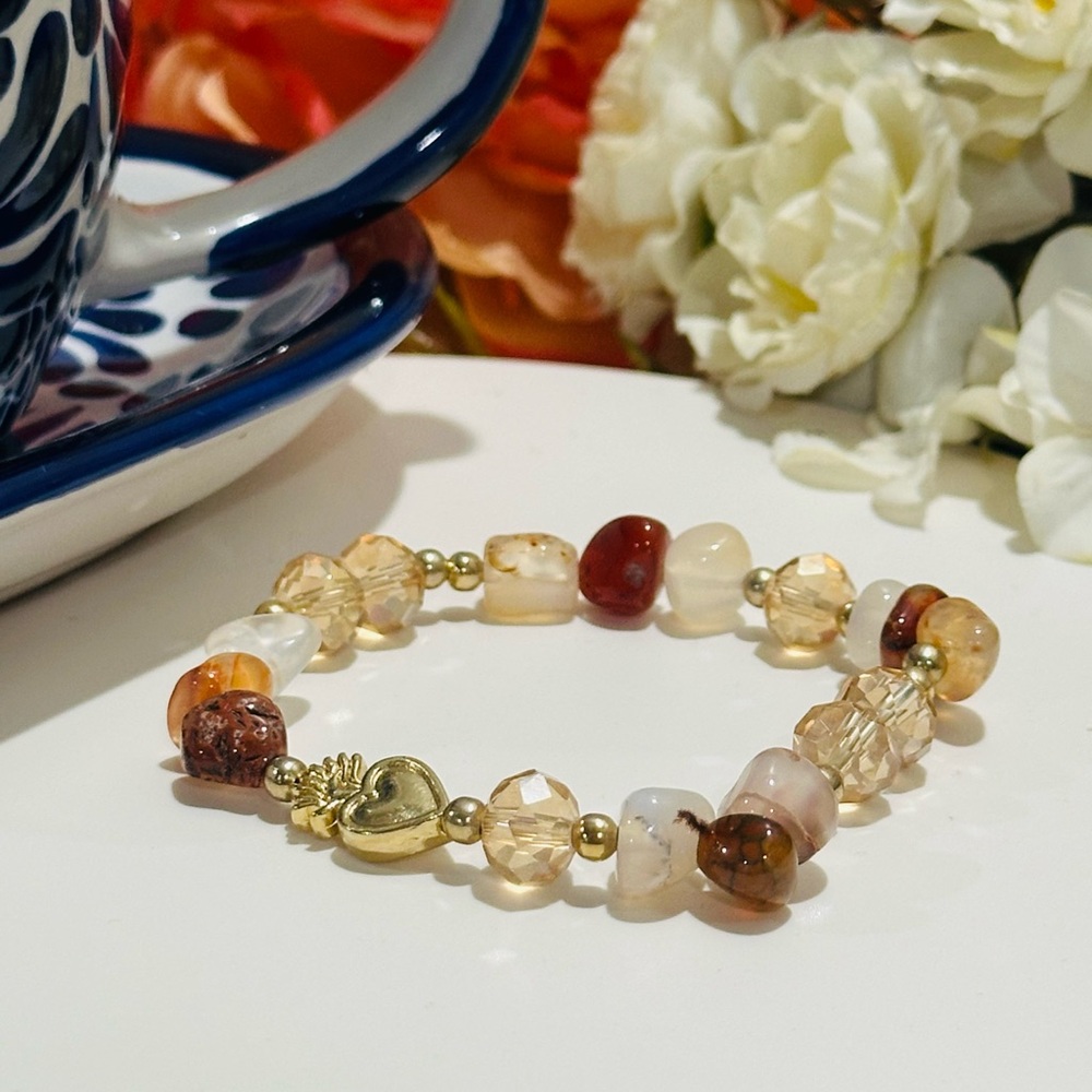 Gold and Brown Quartz Chip Stretch Bracelet with Crystal Accents